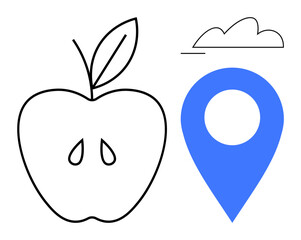 Black apple contour with two seeds, blue location marker, and simple cloud shape above. Ideal for concepts of health, location, nature, simplicity, balance minimalism. Flat simple metaphor