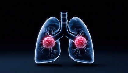 Lung virus graphic 3D illustration of human lungs showing detailed structure on a dark blue background.