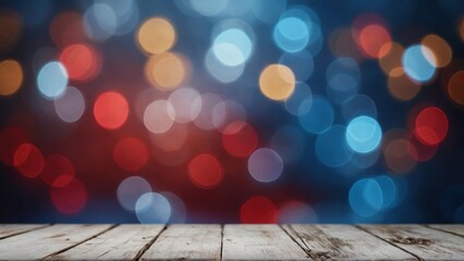 Rustic wood board mockup surface with red white and blue patriotic colors bokeh light background