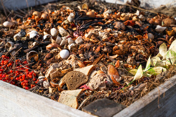 Compost heap with various food and organic waste close-up. Production of organic fertilizer for the garden, secondary use of resources