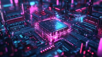 Obraz premium Quantum Chip Glowing Under Swirling Holographic Light