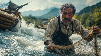 Fototapeta premium determined fisherman crossing river, casting his net in turbulent waters. backdrop features mountains and rustic boat, capturing essence of perseverance in nature
