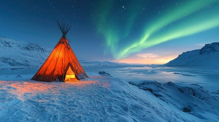 Arctic tipi under vibrant aurora borealis