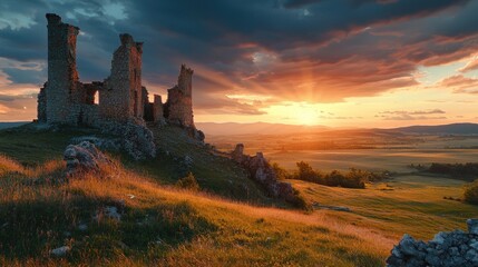 Fototapeta premium Crumbling castle ruins standing on a hill with a dramatic sunset backdrop.