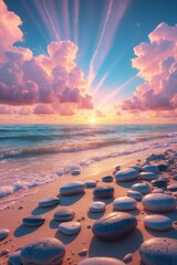 Obraz premium Sunset over the ocean featuring numerous stones along the shore.
