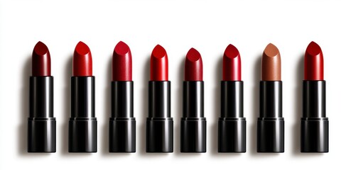 Obraz premium Ten Lipstick Tubes in Red and Brown Shades on White Background