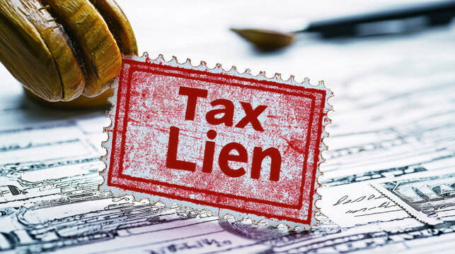 Tax Lien and Property Ownership Concept, Tax lien stamp in red on white background, symbolizing financial obligations