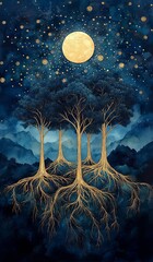 Mystical trees under a starry night sky. Nature’s Sacred Tree