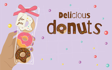 Donuts banner with space for text. Vector image of donuts in gift box in hand with inscription Delicious donuts