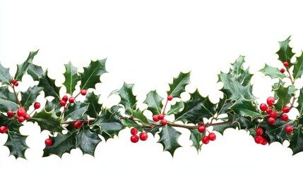 A border of holly leaves on a plain white background, designed for easy cutout in Photoshop with HD style, perfect for holiday designs, Christmas decorations, or seasonal greeting cards.