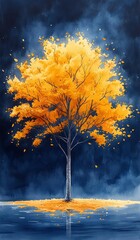 Vibrant autumn tree by tranquil water. Tree of Life and Spiritual Liberation