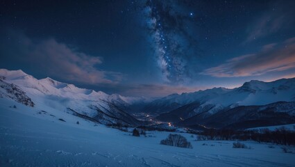 Starry winter night. Breathtaking nighttime scenery. Sky filled with stars above snowy mountains and valley.