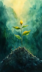 A vibrant seedling emerging from dark soil. Fantasy Tree of Growth and Freedom