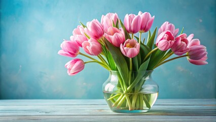Obraz premium Pink Tulip Vase Photography, Spring Flowers, Blue Background, Floral Still Life, Light Blue, Glass Vase, Pink Tulips, Beautiful Flowers