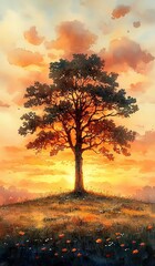 A majestic tree under a vibrant sunset sky. Fantasy Tree of Growth and Freedom