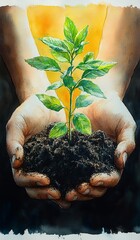 Hands nurturing a young green plant. Fantasy Tree of Growth and Freedom