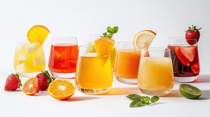 Variety of colorful fruit juices in clear glasses on white background, symbolizing health. Ideal for nutrition, detox, and healthy lifestyle campaigns.
