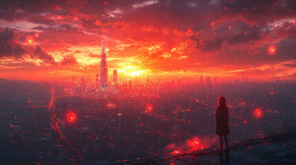 Fototapeta premium Ethereal sunset over futuristic city urban landscape digital art dusk wide viewpoint imagination