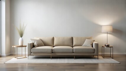 A sleek low-profile sofa in a neutral color is placed against a white wall with a minimalist coffee table and floor lamps in the background, low profile sofa, floor lamps