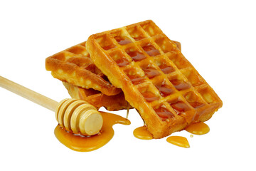 Waffles sprinkled with honey. A wooden stick with honey. Delicious breakfast. Isolated on transparent background. Png and Jpg image