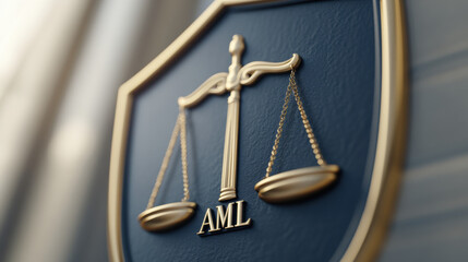 golden shield featuring balanced scale and AML emblem, symbolizing justice and law