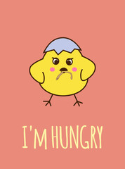 Cute hungry yellow chicken in eggshell with a worm in its beak. Postcard vector illustration on red background.