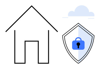 House icon beside a shield featuring a padlock, set against a minimalistic cloud background. Ideal for home security, cloud storage, cybersecurity, digital protection, online safety, secure home