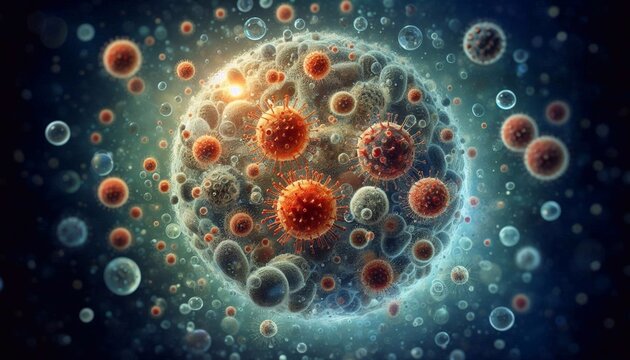 Microscopic view of virus or bacteria cells. Illustration for science, disease, biology, bacteriology