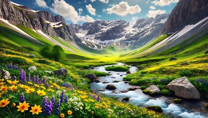 Fototapeta premium Majestic mountain landscape with a serene lake, lush greenery, and blooming wildflowers during a bright sunny day.Generative AI