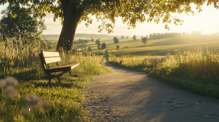 Tranquil morning walk by a serene pathway rural landscape nature scene sunlit environment close-up view peaceful journey