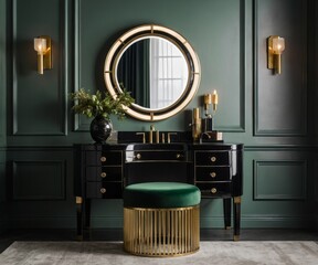 A stylish and elegant vanity table with a round mirror