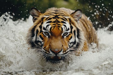 Obraz premium Powerful Siberian Tiger Charging Through Water, Face-to-Face Encounter / Close-Up of a Fierce Siberian Tiger / Fearless Siberian Tiger Sprinting in Water, Intense Eye Contact / Fearless Tiger.