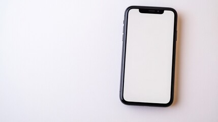 Black Smartphone with Blank White Screen on White Textured Background