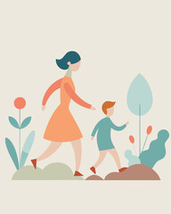 Joyful Mother's Day: Mom and Child Playful Chase Fun Son Love Care Flat