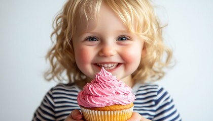 Naklejka premium Smiling toddler holding cupcake against plain backdrop