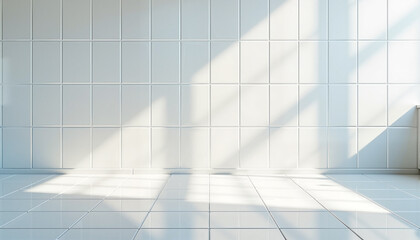 Obraz premium Bright white tiled wall with sunlight shadows