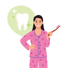 Vector illustration of a smiling girl taking care of oral cavity. Cartoon scene of beautiful girl with shiny white smile holding toothbrush, taking care of oral hygiene isolated on white background.