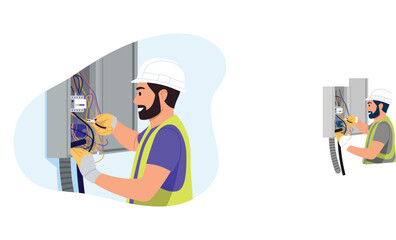 Vector illustration of electrician specialist. Cartoon scene of electrician repairing wires in meter, in protective gloves, holding pliers, dressed in vest, helmet isolated on white background.