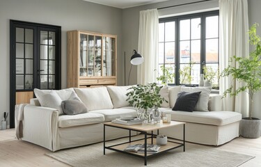 Fototapeta premium Modern living room with sectional sofa, coffee table, and large windows.
