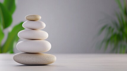 Obraz premium Balanced White and Beige Stones on a Table with Green Plants in Background