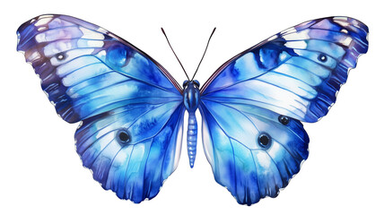 Blue Butterfly Image, Detailed Wings, Iridescent Shades, White Accents, Watercolor Style, Ethereal, Delicate Antennae, Symmetrical Design isolated on transparent background

