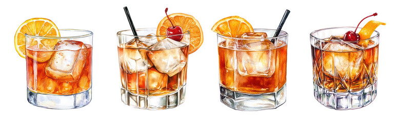 PNG Set of Old Fashioned cocktails with ice cubes, orange slice. Watercolor illustration of a classic whiskey drink with artistic splash effect. Beverage art for menu and print.

