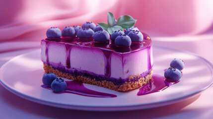 A perfectly sliced blueberry cheesecake, thick and creamy with a golden graham cracker crust, topped with glossy fresh blueberries and a drizzle of blueberry compote