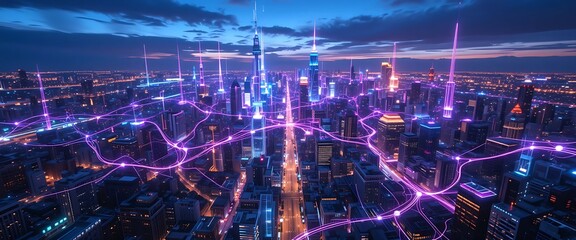 Futuristic cityscape with glowing purple and blue data lines connecting buildings, symbolizing global network, smart city technology, and digital communication at dusk - Imagination Studio