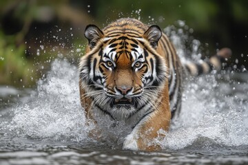Powerful Siberian Tiger Charging Through Water, Face-to-Face Encounter / Close-Up of a Fierce Siberian Tiger / Fearless Siberian Tiger Sprinting in Water, Intense Eye Contact / Fearless Tiger.