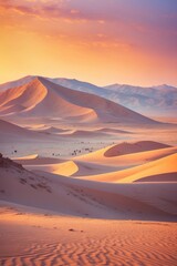 Naklejka premium The landscape of the Gobi Desert featuring large dunes and distant figures.