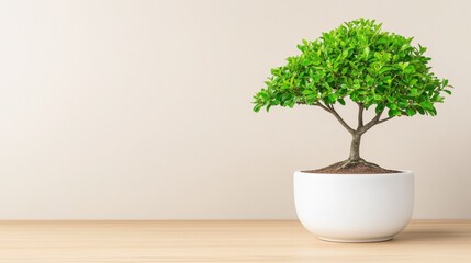 Fototapeta premium Green Bonsai Tree in White Pot on Wooden Table Against Beige Background