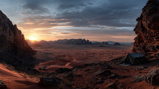 Sunset over wadi rum desert jordan scenic landscape photography vast terrain panoramic view serenity and exploration
