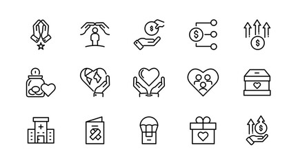 Charity and donation line icons set. Donate, charity, Giving, community, solidarity, trust, social care, NGO, helping hands, partnership, and help icon collection. Nonprofit organization icons