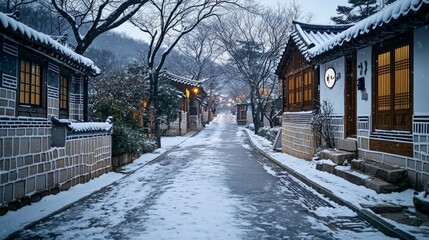 Winter wonderland snow-covered traditional korean village hanok alley serene atmosphere captivating viewpoint